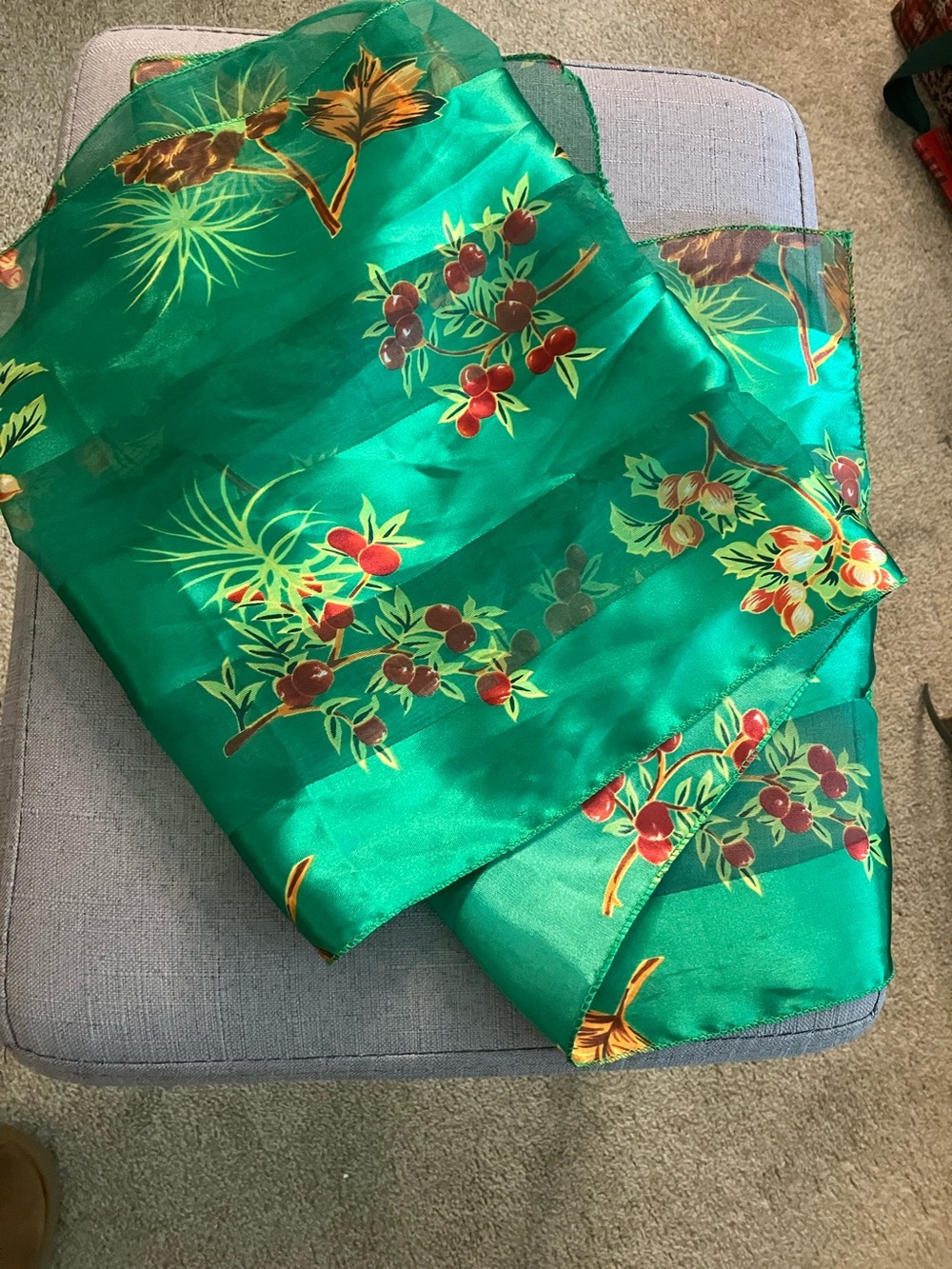 Emerald Green Floral Satin Scarf 60X13